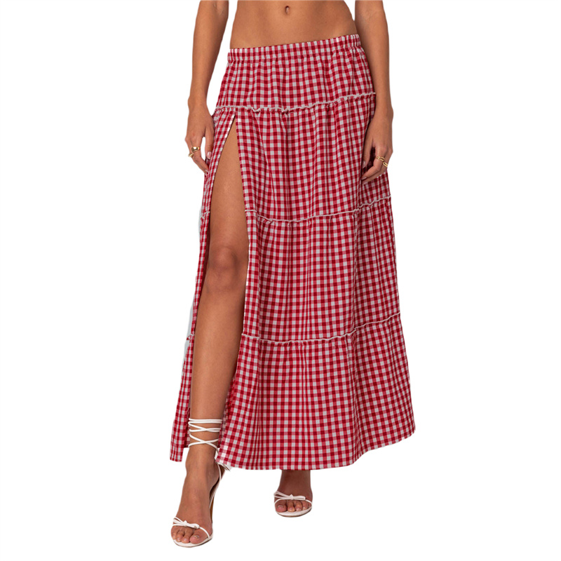 Sharkplaza Summer Skirt Women y2k Clothes Plaid Print Elastic Waist High Split A Line Long Skirt Vacation Party Skirt Streetwear
