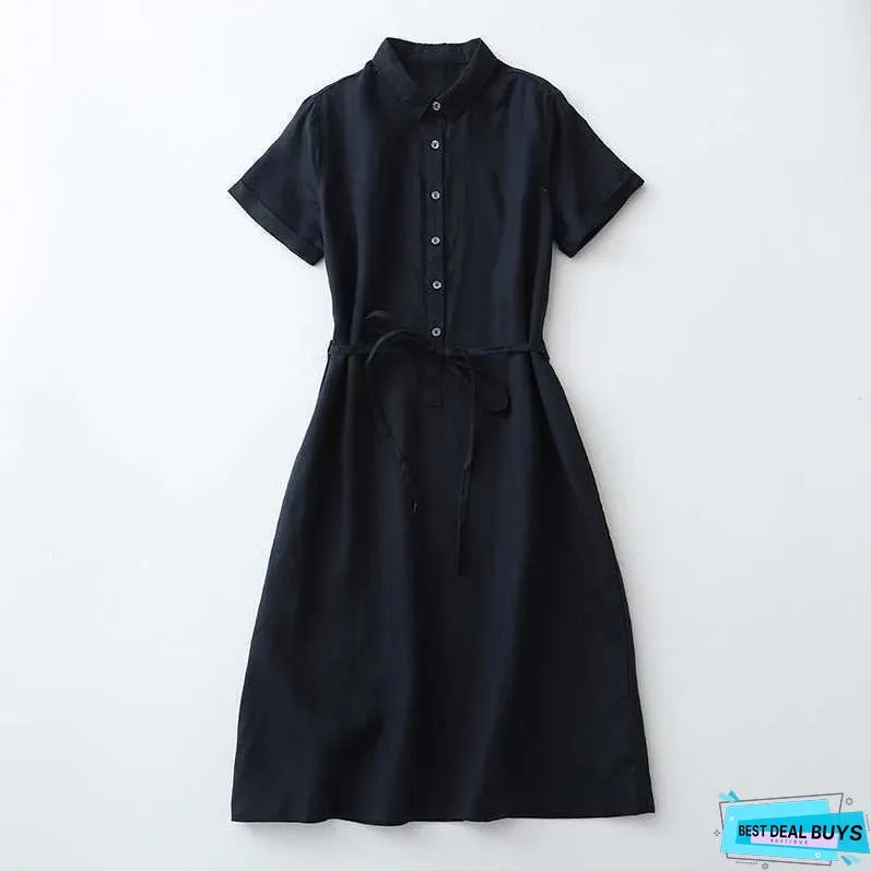 Linen Front Half-open Buckle Waist Lace-up Short Sleeve Dress