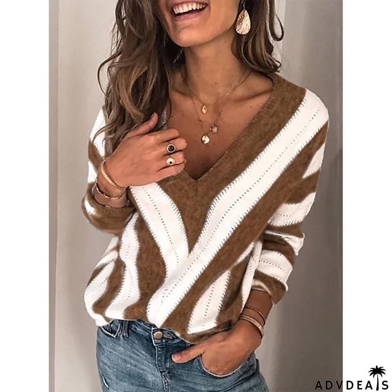 Plus Size Long Sleeve V Neck Geometric Casual Sweater