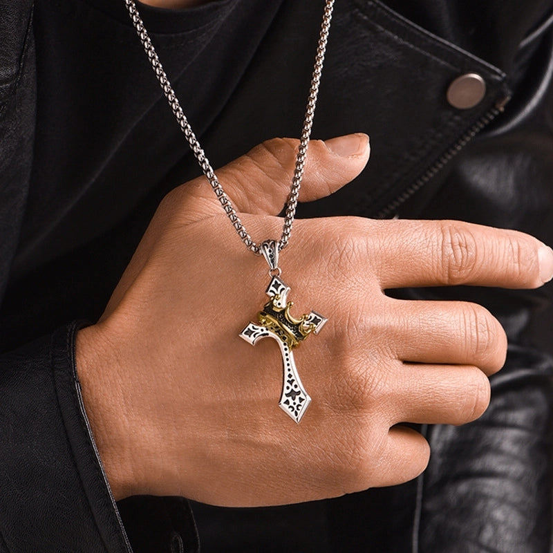 Hip-Hop Retro Geometric Cross Crown Copper Men's Pendant Necklace