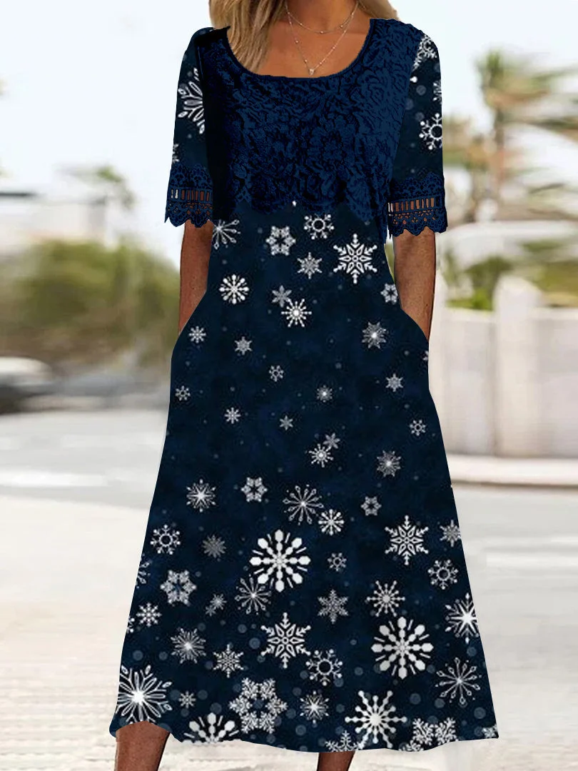 Women's Half Sleeve Scoop Neck Graphic Printed Lace Stitching Midi Dress