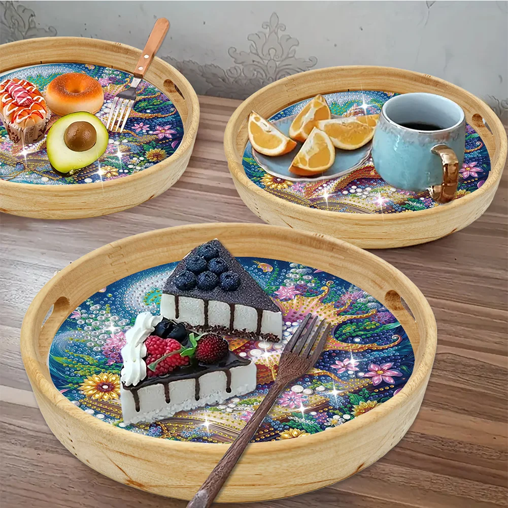 DIY Conch Shells Wooden Diamond Food Dinner Plate with Handle for Coffee Table