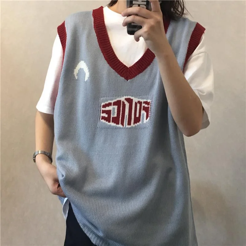 Boyfriend Letter Sweater Vest Women Preppy V-neck Oversize S-XXL Sleeveless Sweaters Female Leisure Loose Vintage Knitted Tops