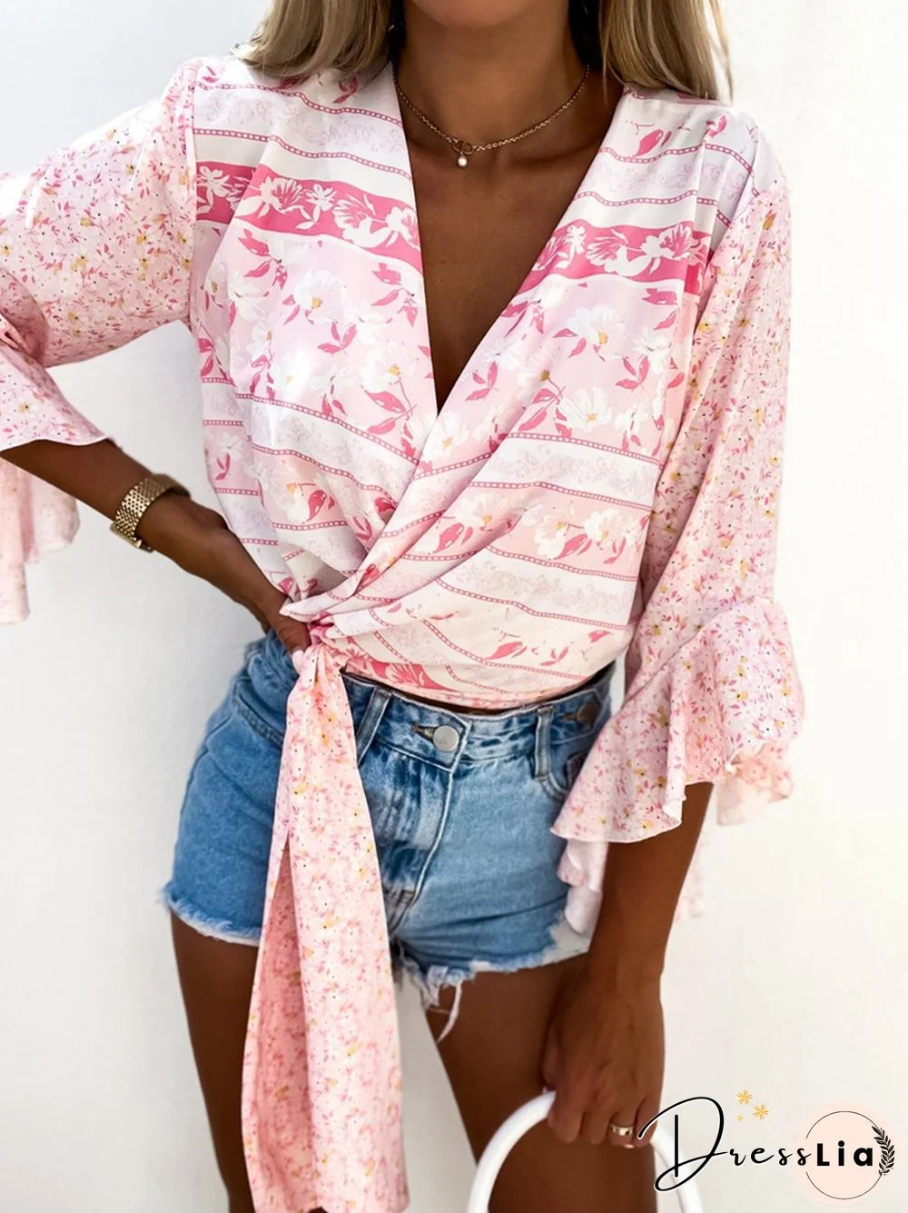 Women Summer Sexy V-Neck Tie Beach Shirt Sweet Floral Print All-match Commuter Top New Casual Ruffle Half Sleeve Street Blouses