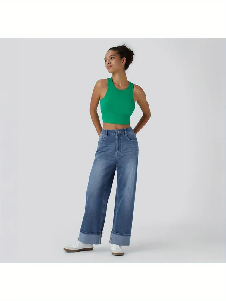 Women's High Waisted Washed Wide Leg Jeans With Rolled Sides And Multipockets - Stretchy And Comfortable Denim Material