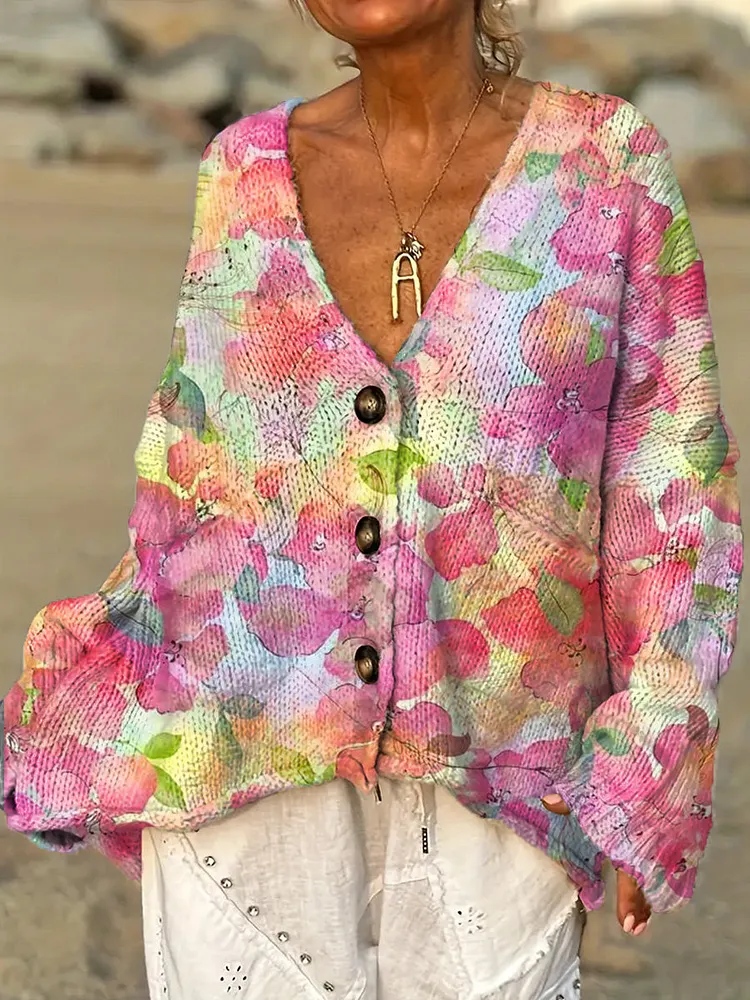 Women's Artistic Watercolour Flowers Casual Pullover Sweater