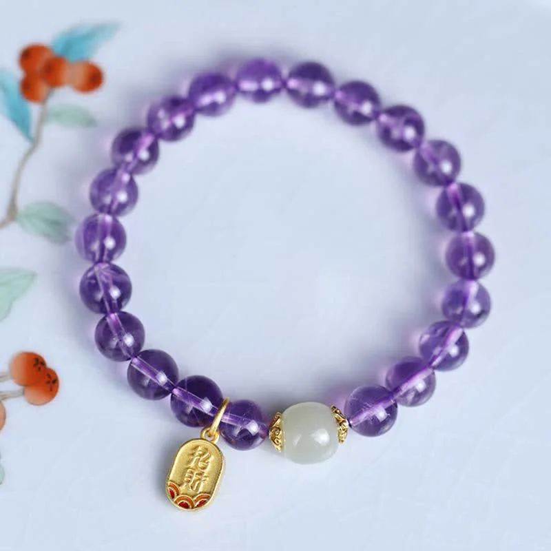 Natural Amethyst Crystal Hetian Jade Healing Charm Bracelet