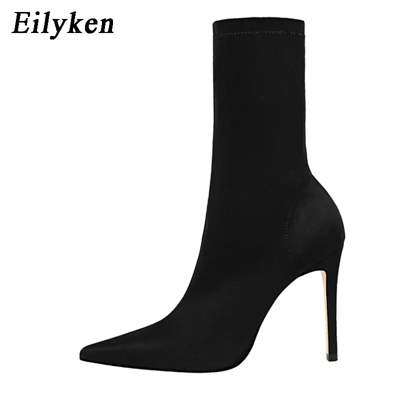 Eilyken Comfort Stretch Women Sock Boots Square High Heel Ankle Boots Fashion Pointed Toe Fall Stretch Shoes Black Big Size 2022