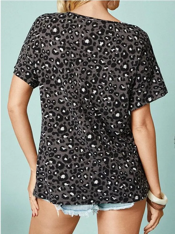 Women's Short Sleeve V-neck Leopard Printed Tops T-shirts