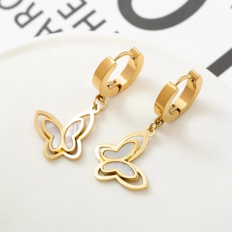 1 Pair Fashion Butterfly Polishing Plating Inlay Titanium Steel Shell Zircon Drop Earrings
