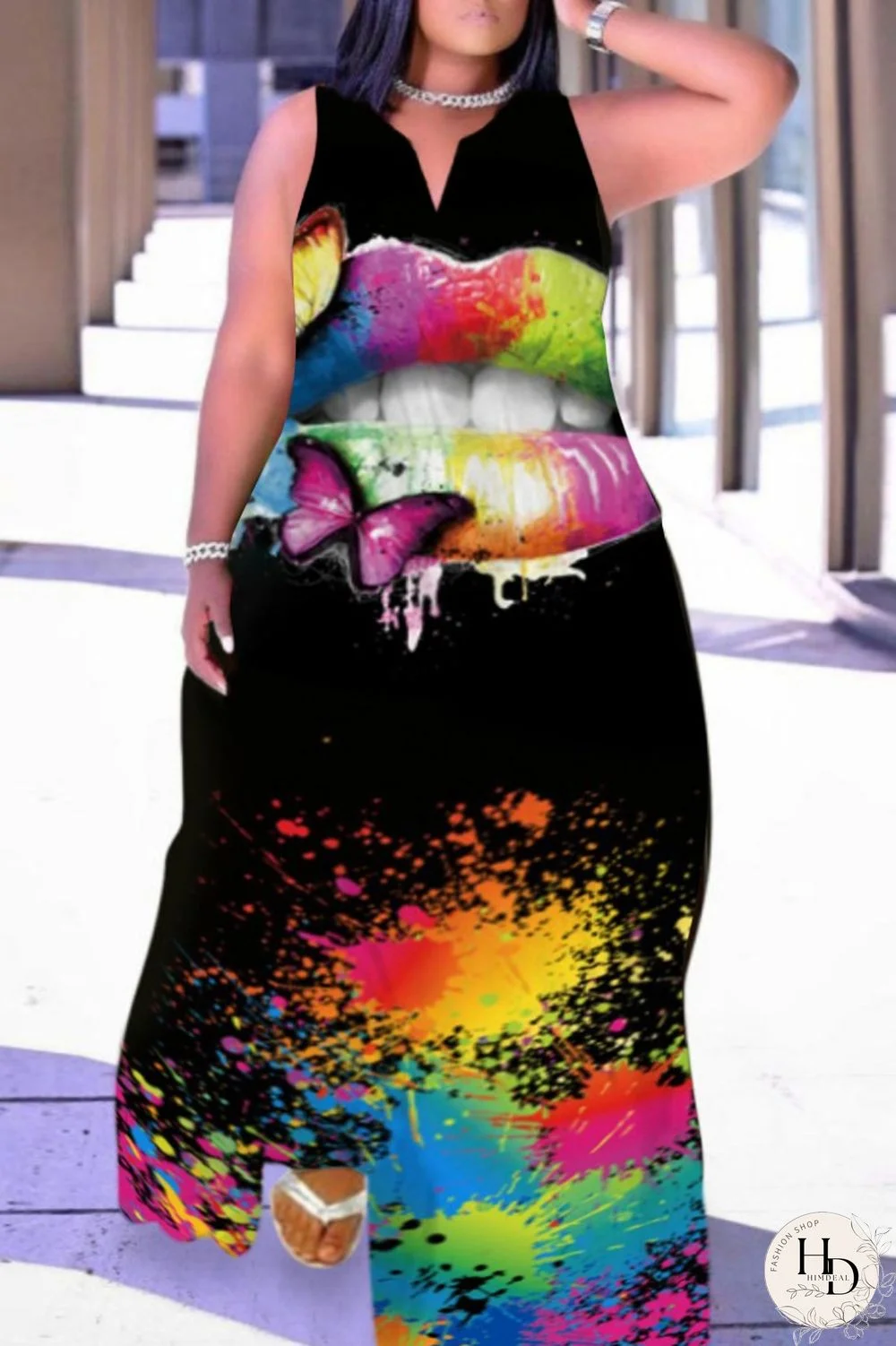 Colour Fashion Casual Plus Size Print Patchwork V Neck Sleeveless Dress