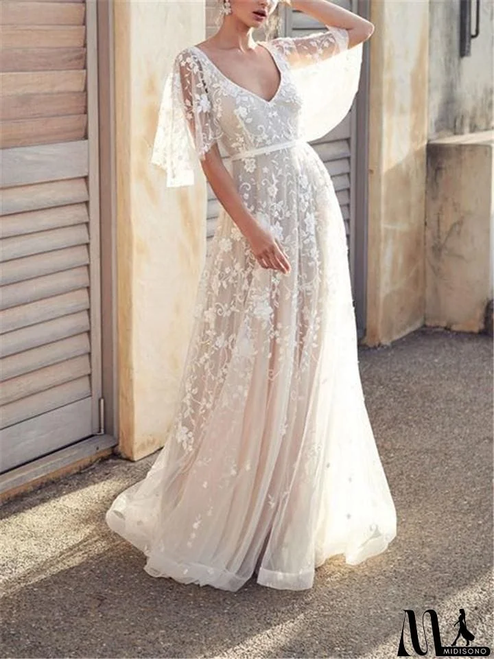 MidiSono - Flowing Floral Applique Cap Sleeve Backless Dress for Wedding