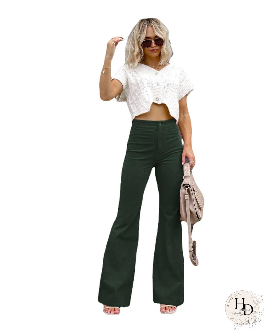 Cotton casual corduroy women long pants autumn winter Office button wide-legged trousers Fashion mid waist ladies bottom