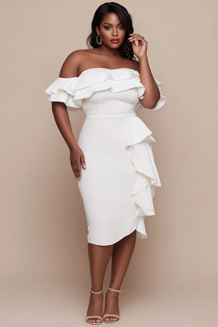 Xpluswear Design Plus Size Cocktail Party White Off The Shoulder Short Sleeve Ruffle Bodycon Midi Dresses [Pre-Order] 2024 - Xpluswear