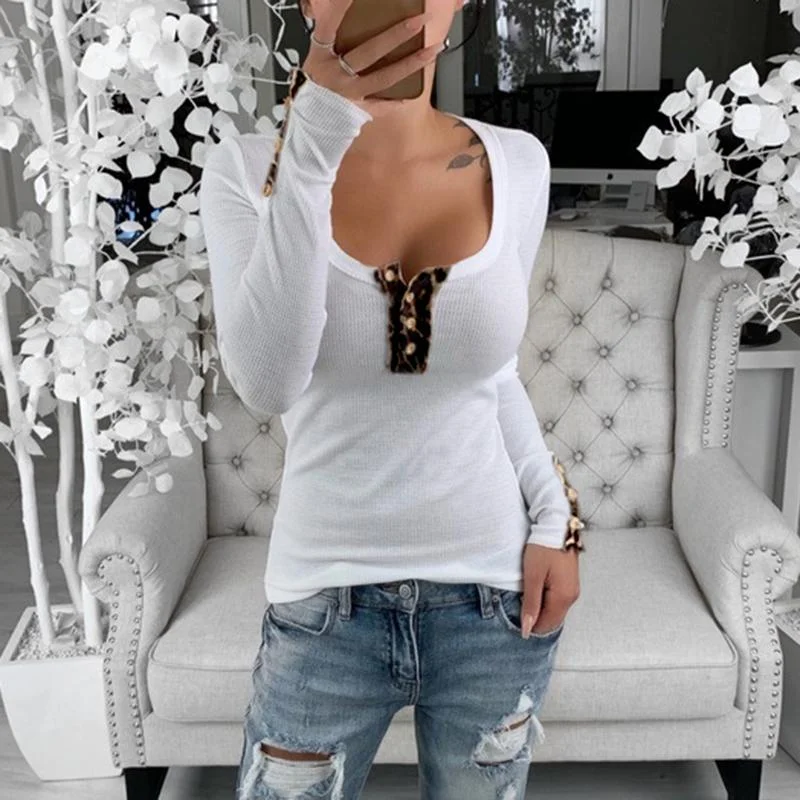 Casual Long Sleeve Single-breasted U Collar Tight T-shirt