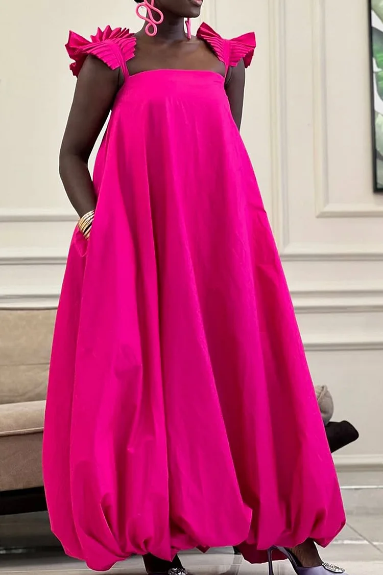 Plus Size Vacation Hot Pink Square Neck Sundress Pocket Maxi Dresses
