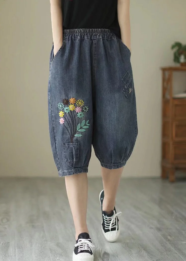 Fine Navy Embroidered Floral Denim Harem Pants Summer