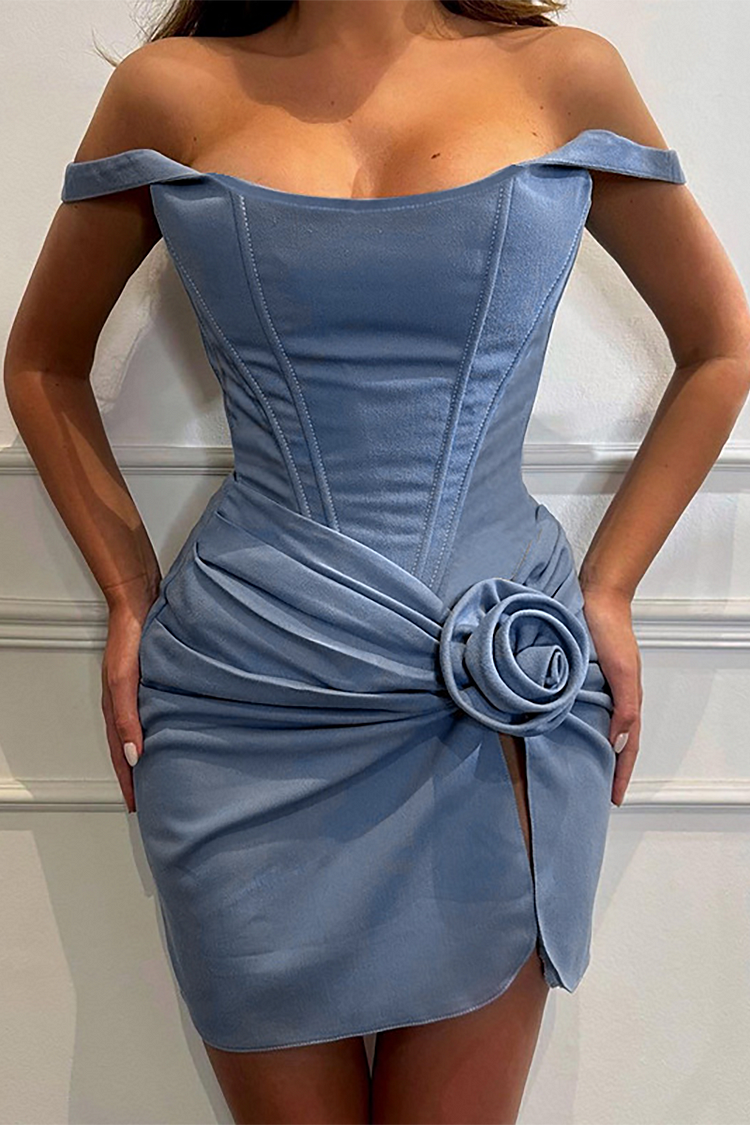 Wide Straps Corset Bodycon Ruched 3D Flower Decor Denim Mini Dresses-Blue