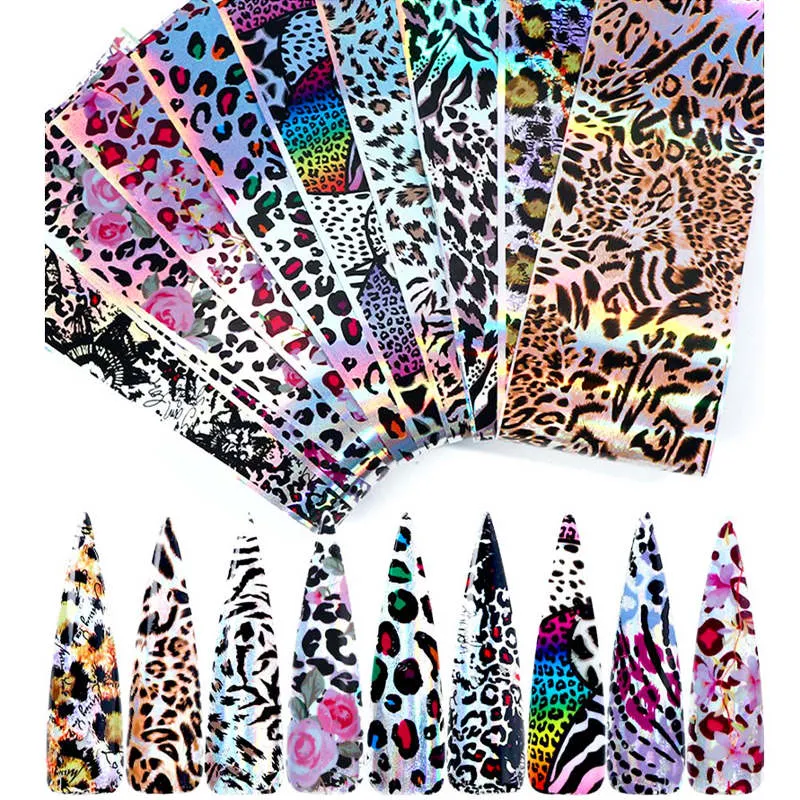 10Pcs/Set Colorful Nail Foil Stickers Mirror iridescent Effect Stickers Nail Art Transfer Foils Manicures Slider Decorations