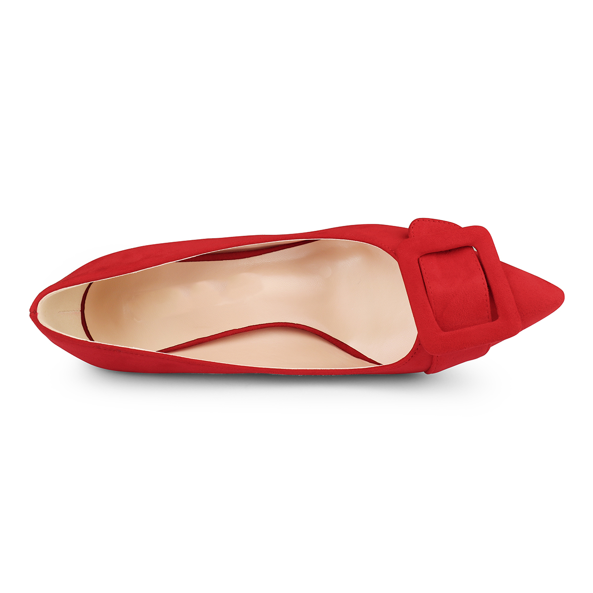 60mm Pointed Toe Square Buckle Decoration Red Bottom Kitten Heels Daily Pumps for Women Suede-MERUMOTE