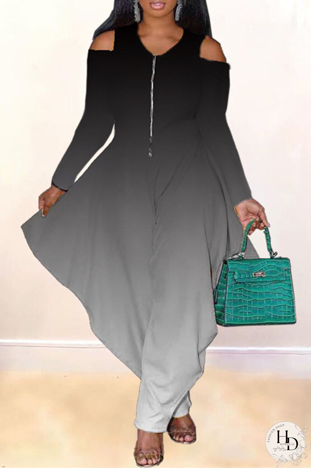 Blue Fashion Casual Gradual Change Print Hollowed Out V Neck Regular Jumpsuits