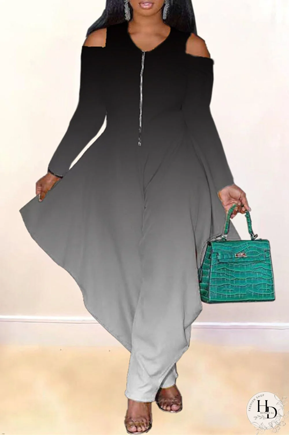 Blue Fashion Casual Gradual Change Print Hollowed Out V Neck Regular Jumpsuits