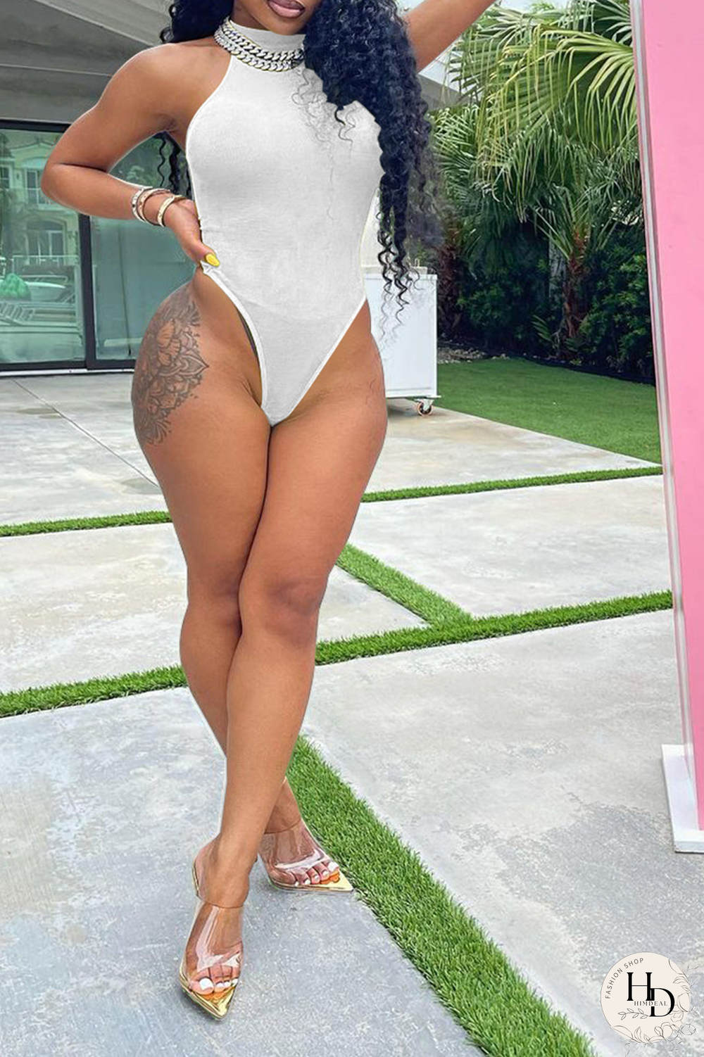 White Sexy Solid Hollowed Out O Neck Sleeveless Two Pieces