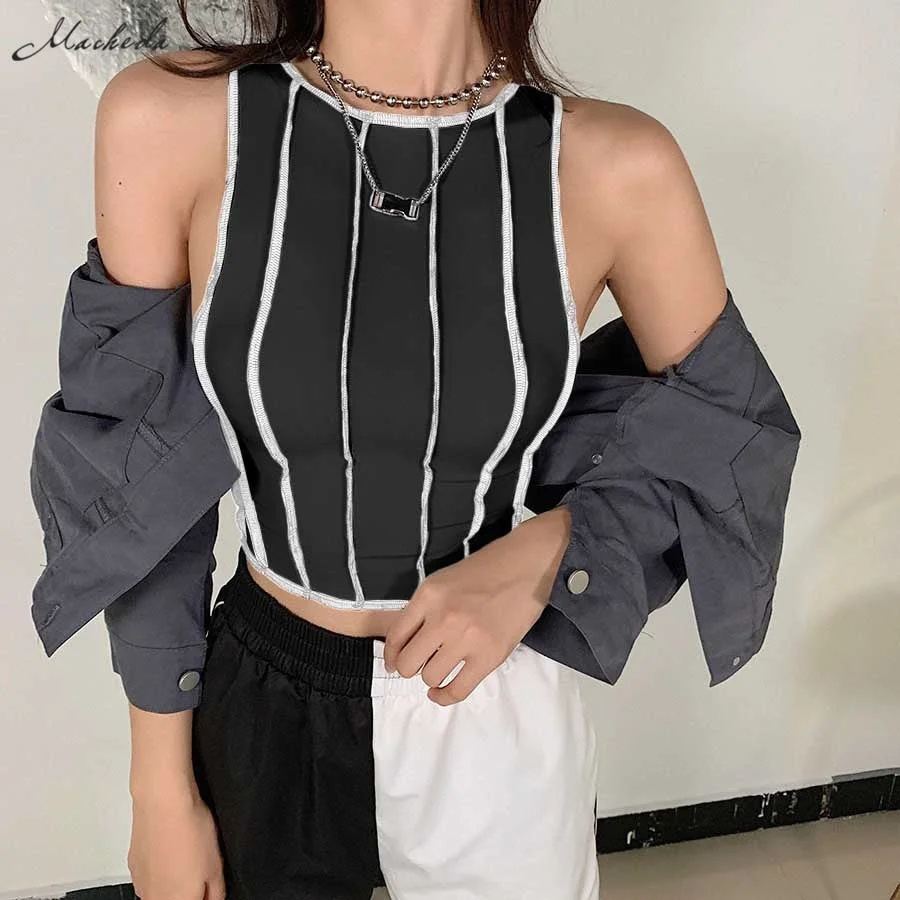 Macheda Autumn Casual Slim Tank Top Women Fashion Patchwork Sleeveless Vest Clothing Streetwear Ladies Knitted Tops 2020 New