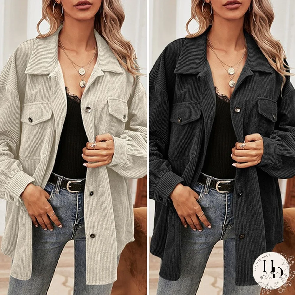 Plus Size Women Spring Autumn Long Sleeve Corduroy Jackets Casual Lapel Button Coats Outerwear Veste Femme