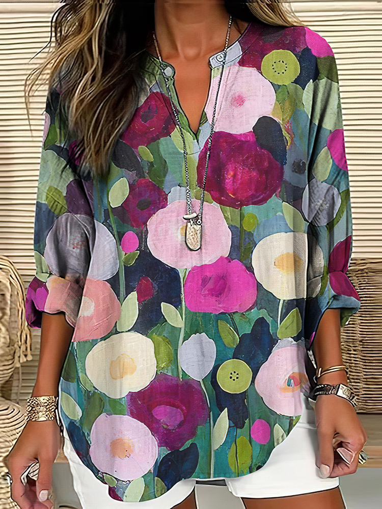 Comstylish Vintage Colorful Floral Art Painting V Neck Casual Blouse