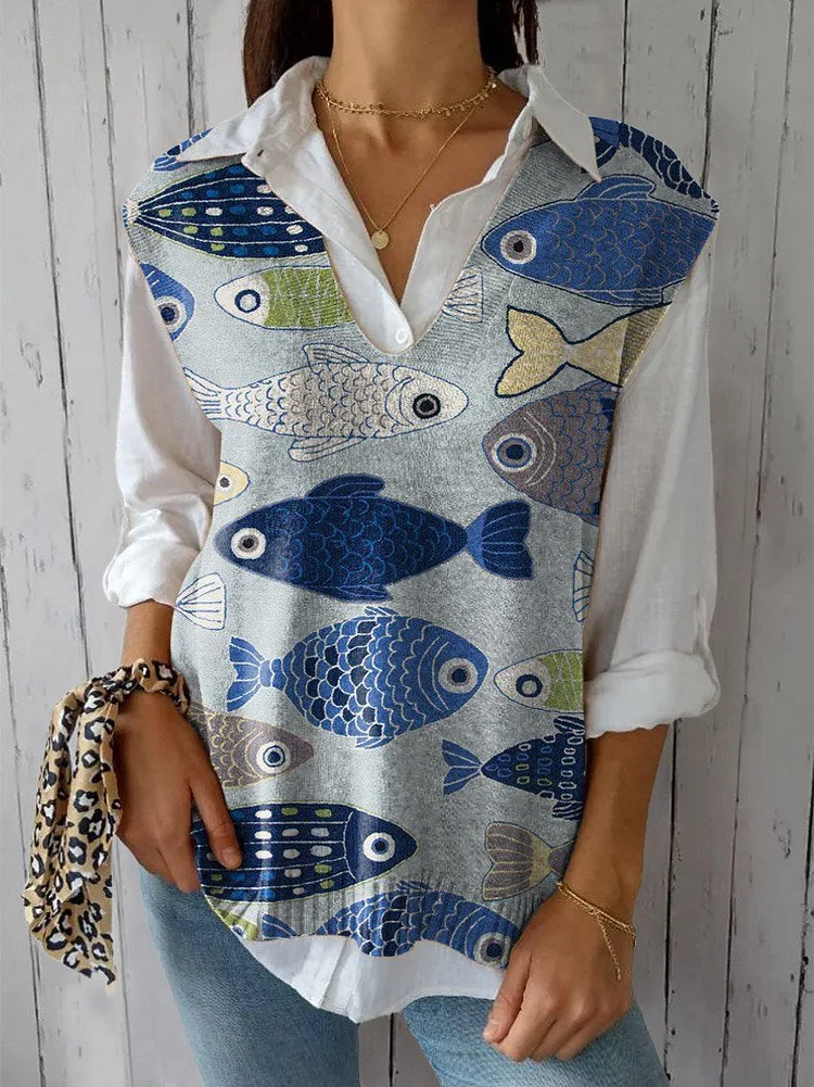 Women's Lovely Fish Art Print Versatile Knitted Vest