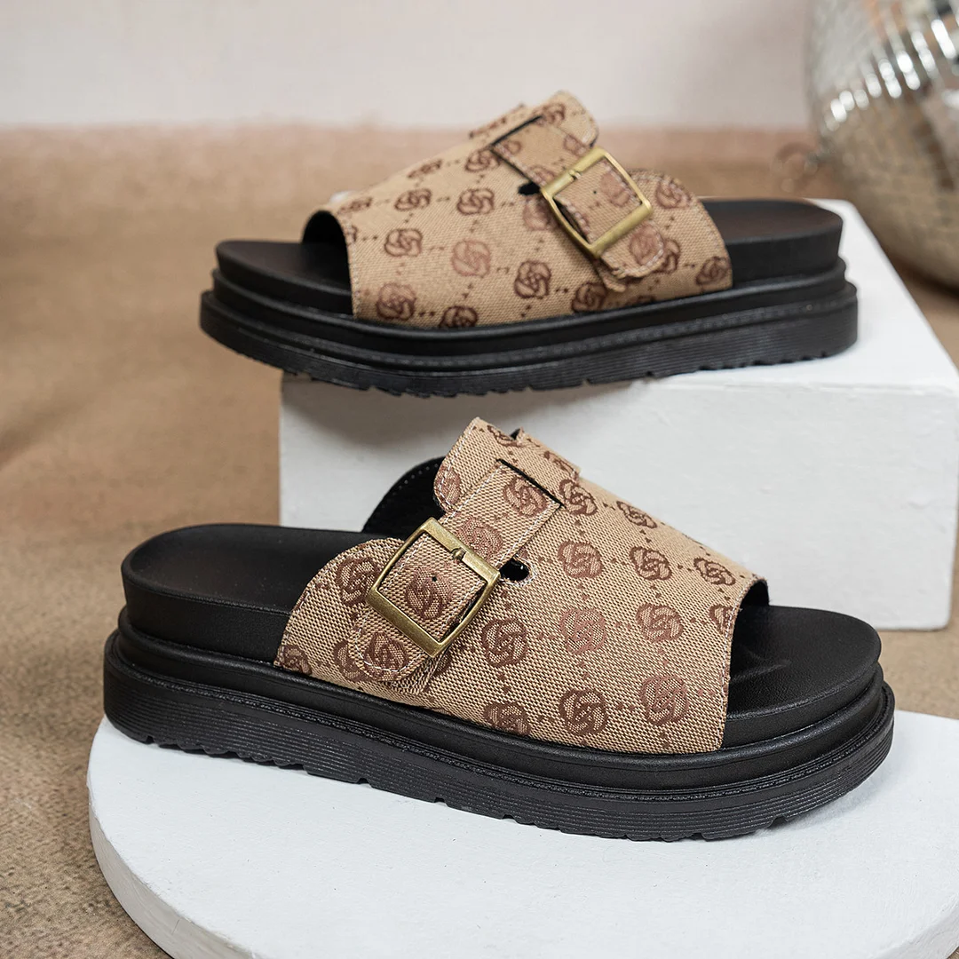 Breakj Breakj Flat-Bottomed Slippers Women 2025 New High-End Thick-Sleet Foot Belt Buckle Type Roman Slippers