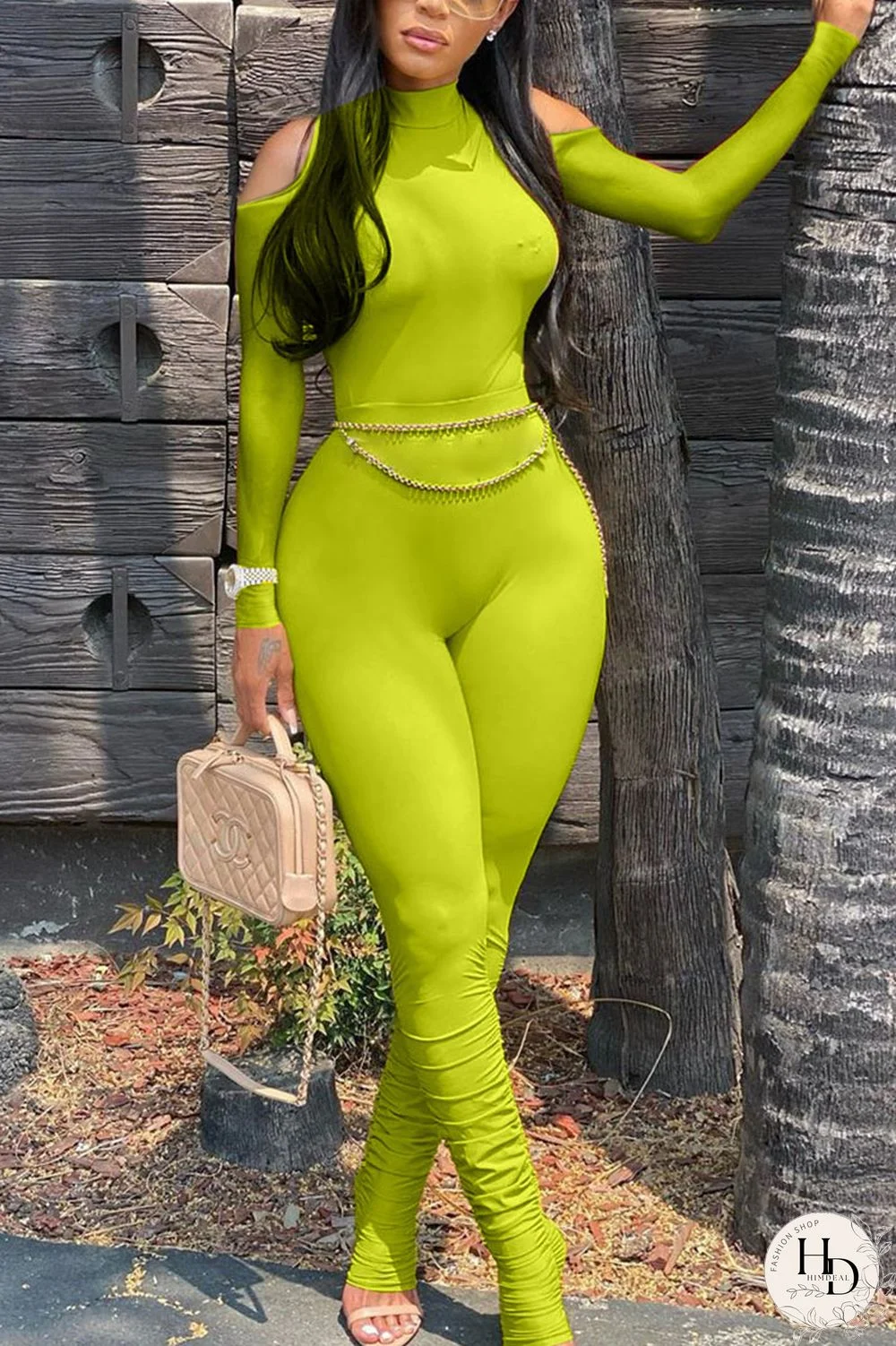 Fluorescent green Work Daily Solid Chains O Neck Skinny Jumpsuits