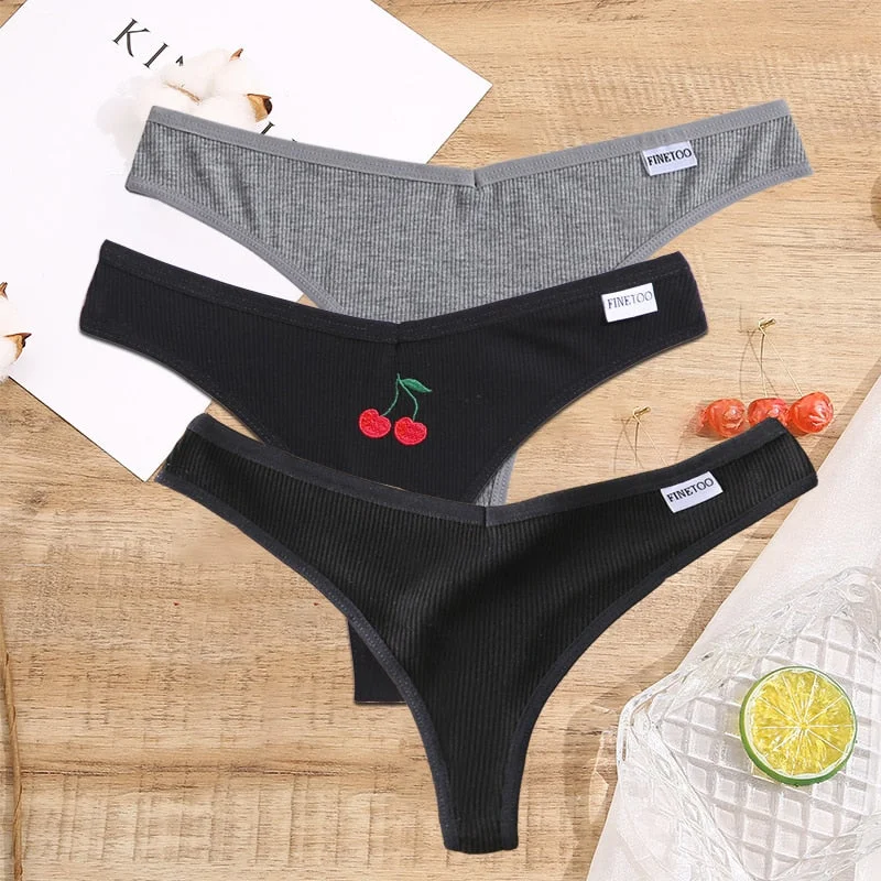 FINETOO 2/3PCS Women Lingerie Fruit Embroidery Panties G-string Sexy Low Rise Cotton Thongs Girl Underwear V-Waist Female Pantys