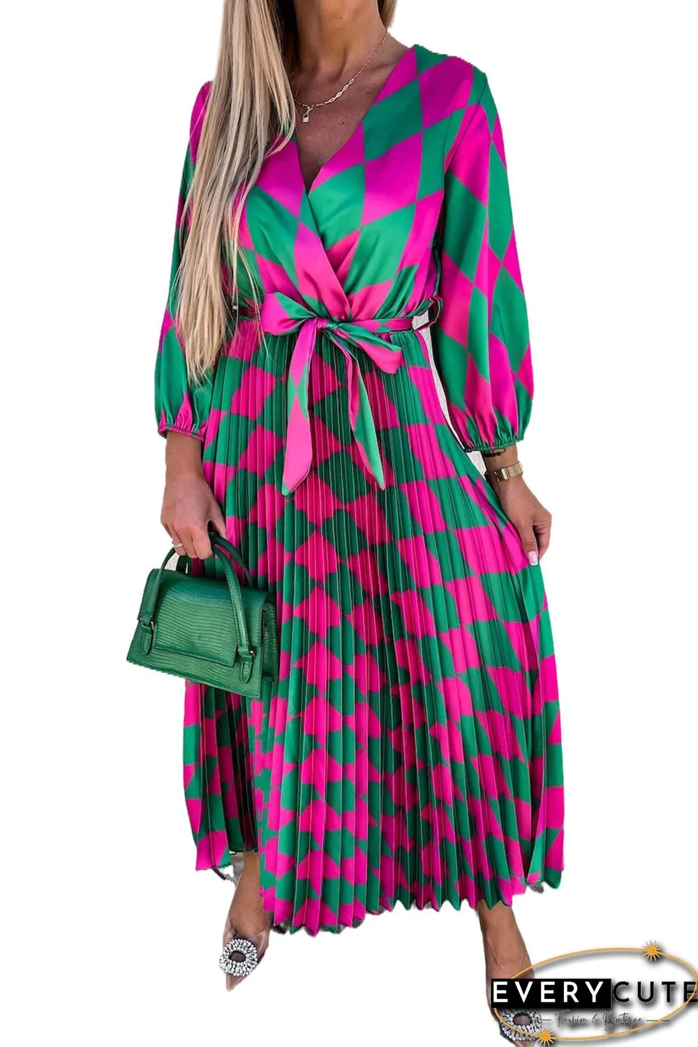 Multicolor Rhombus Contrast Color Block Belted Maxi Dress