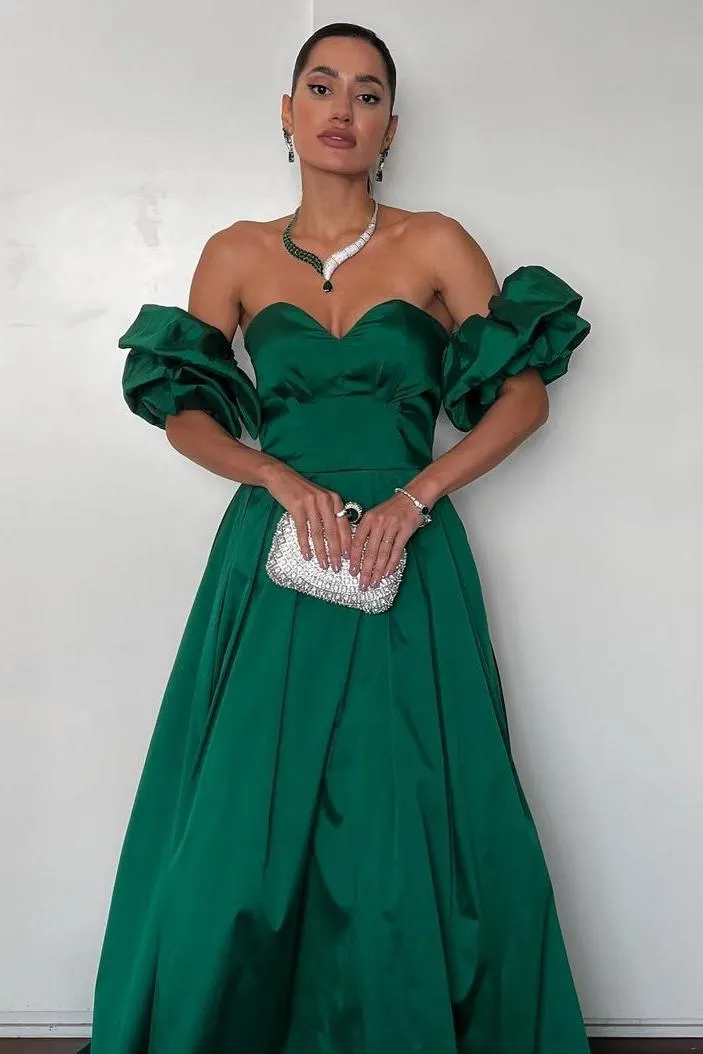 Daisda Charming Dark Green Satin Sweetheart Strapless Pleated Long Prom ...