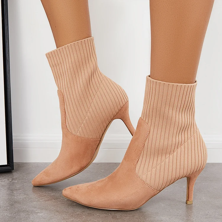 Pointed Toe Knit Sock Booties Stiletto Kitten Heel Ankle Boots