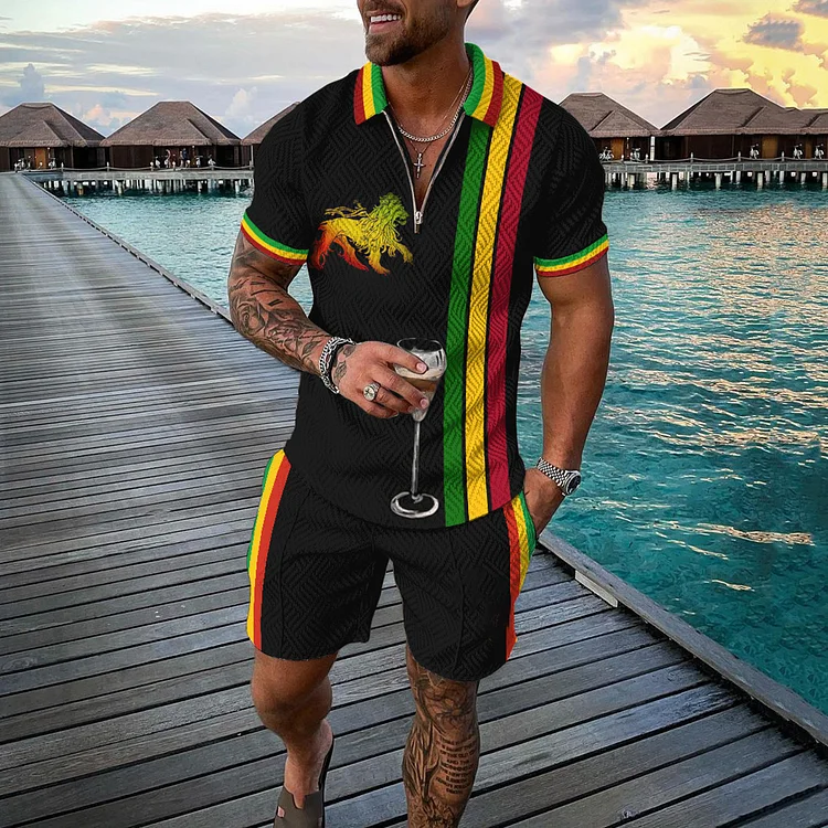 VChics Men's Reggae Lion Pattern Polo Shirt And Shorts Co-Ord