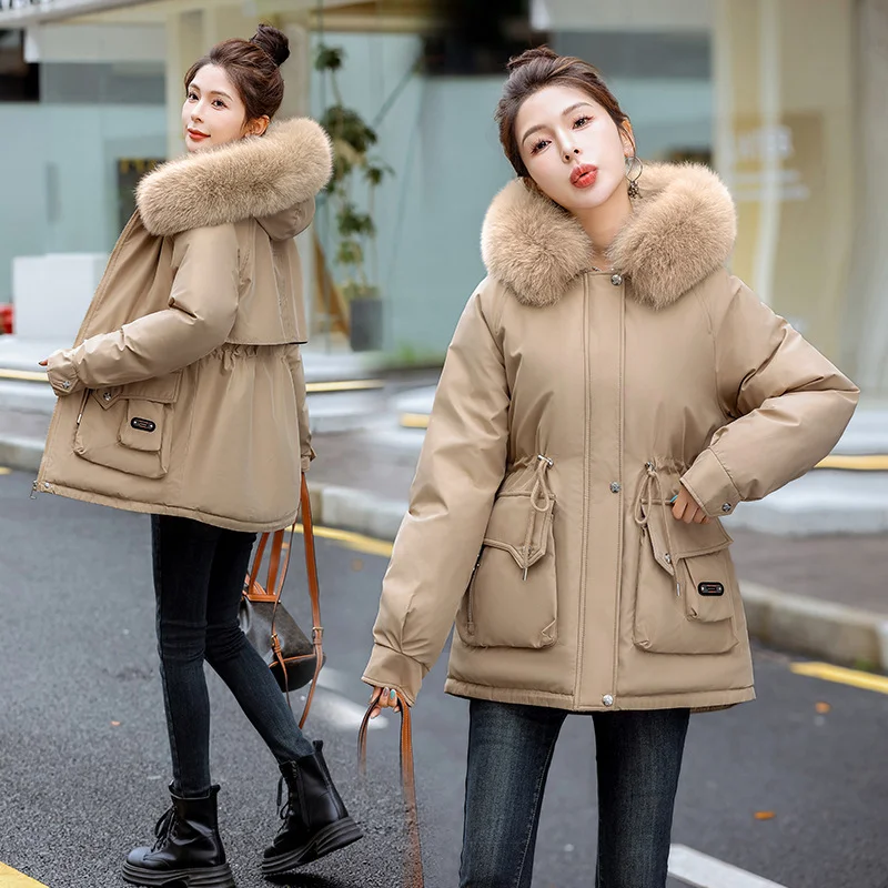Woherb Parker Cotton Suit Women 2024 Winter Long Plus Velvet Big Wool Collar Down Cotton Suit Korean Version Of Thick Warm Tide Cotton-Padded Jacket-Outfit Ideas