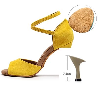 VCshoes Woman Latin Ballroom Yellow Modern Leather Dance Shoes Suede Sole Jazz Salsa Cuban Slim Heels Ladies Open Toes Leather Stiletto