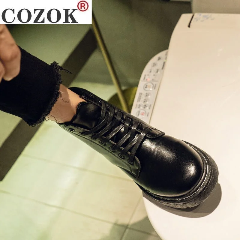 2020 New Black Boots Men's Korean Version Student All-match Mid-Top Boots Men's Waterproof Hight-Top Leather Shoes Men
