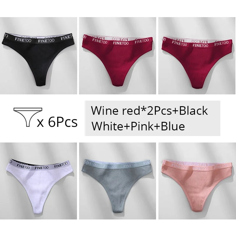 FINETOO Trendy Letter Thongs Cotton G-string Underwear M-XL Girls Bikini Underpants Comfortable Thong Panties 6Pcs Female Panty