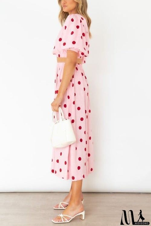 MidiSono - Polka Dot Puff Sleeve Maxi Skirts Set