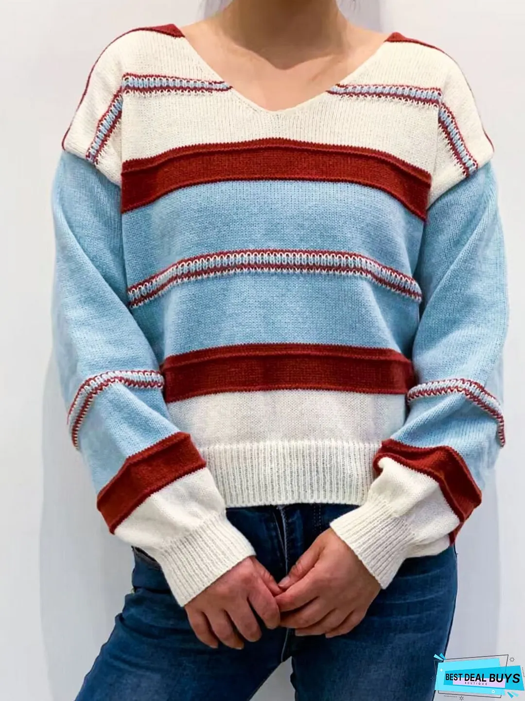 Contrast V-Neck Dropped Shoulder Sweater