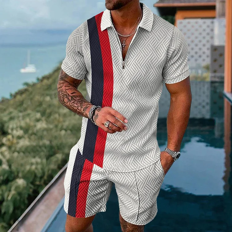 Men's casual color striped printed Polo suit