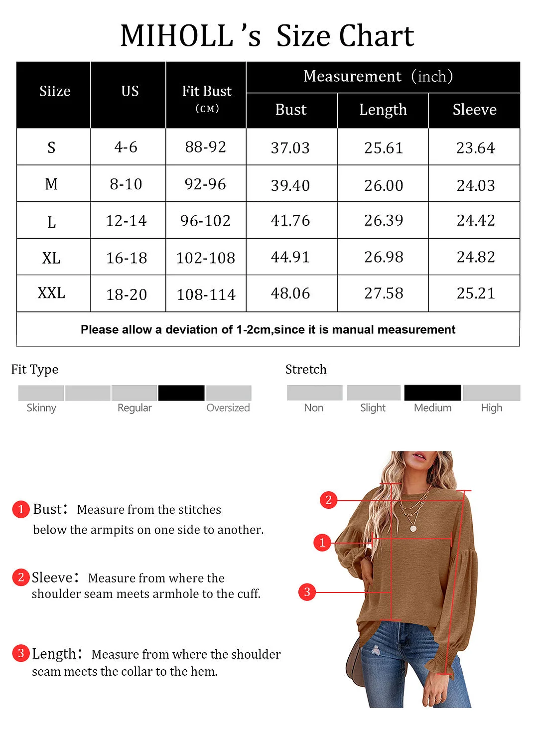 MIHOLL Womens Long Sleeve Top Crew Neck Ruffle Lantern Sleeve Casual Loose Blouse T Shirts