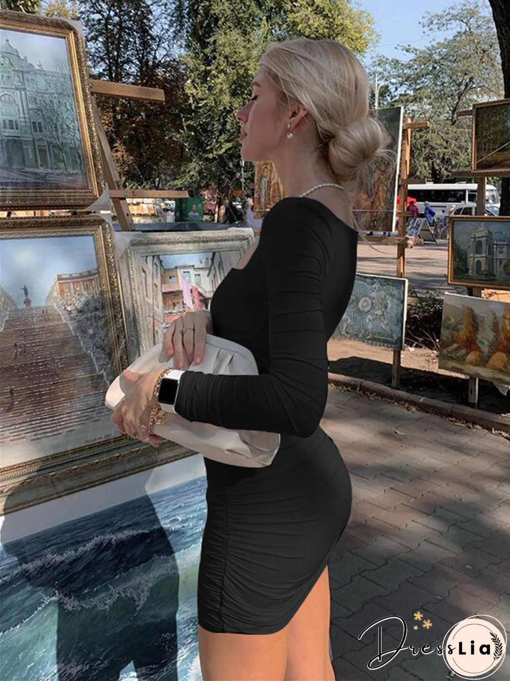 SideWith Me Square Collar Long Sleeve Bodycon Sexy Mini Women Dresses Summer Party Club Elegant Folds Robe DressFor Women