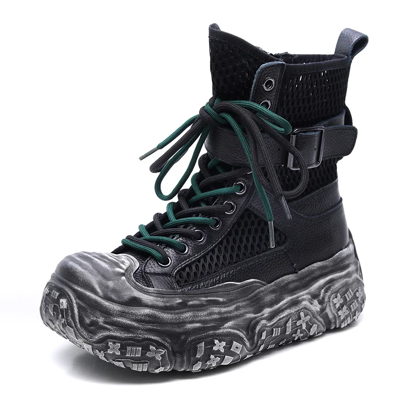 Yyvonne Layer Kraft Breathable Mesh Martin Boots 2025 Summer New Hollow Cool Boots Leisure Thick-Bottomed High-Top Sandals