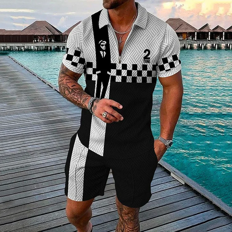 BrosWear Tone 2 Contrast Stripes Print Short Sleeve Polo Shirt And Shorts Co-Ord
