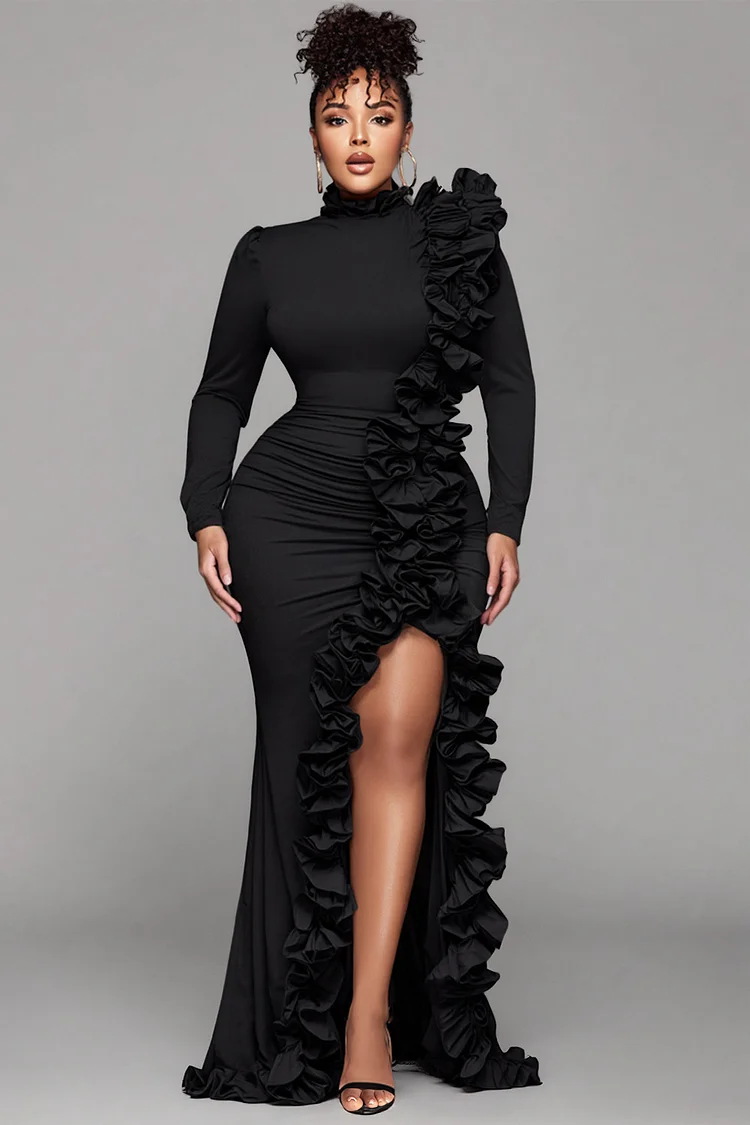 Xpluswear Design Plus Size Formal Black Round Neck Long Sleeve Split Elegant Ruffle 3D Satin Maxi Dresses [Pre-Order]
